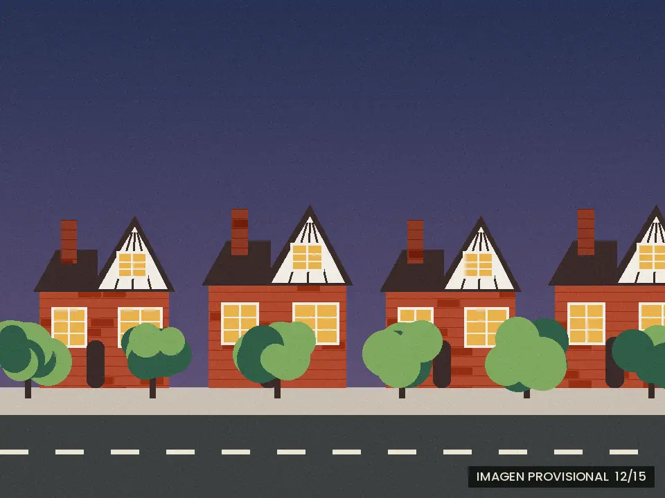 Ilustración provisional de una calle de casas de ladrillo de noche